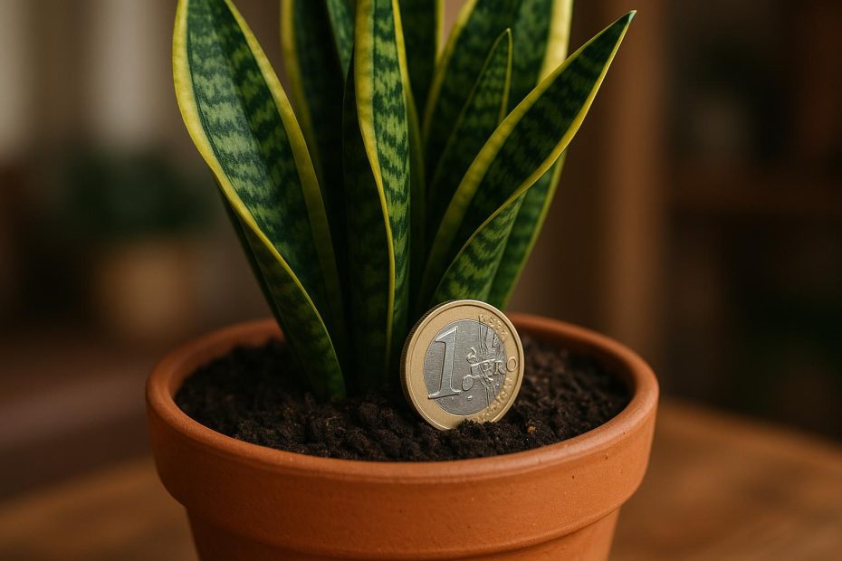 Mynt är begravt i en kruka med en växt.