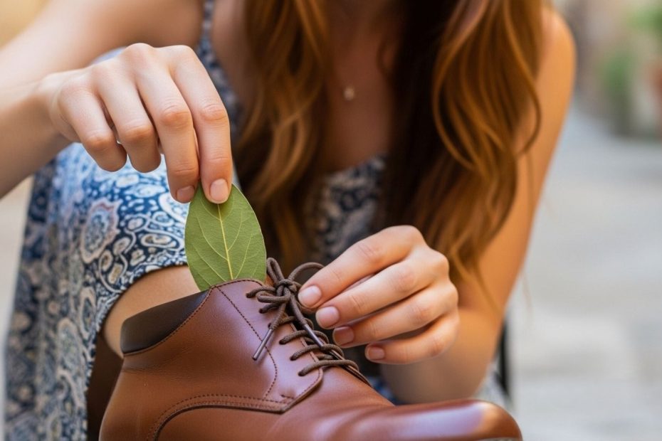 Flickan lägger ett lagerblad i sin sko.