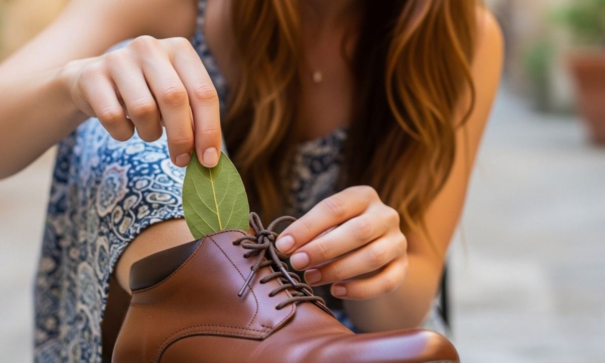 Flickan lägger ett lagerblad i sin sko.