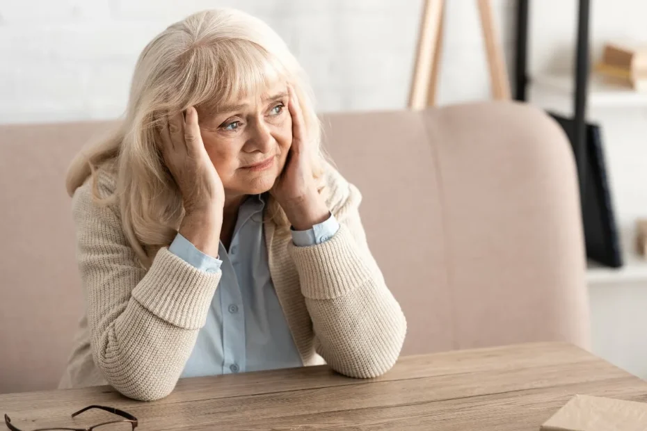 En äldre kvinna är ledsen över sin bostad ssituation.