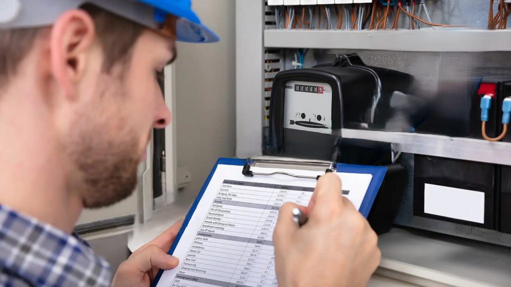 En anställd kontrollerar elmätaren.