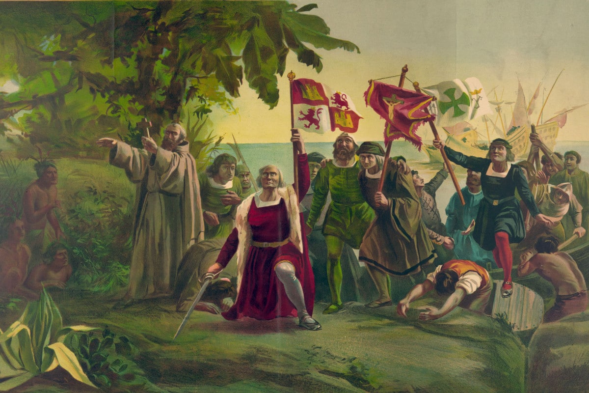 Christopher Columbus och hans besättning anländer till Amerikas kust.