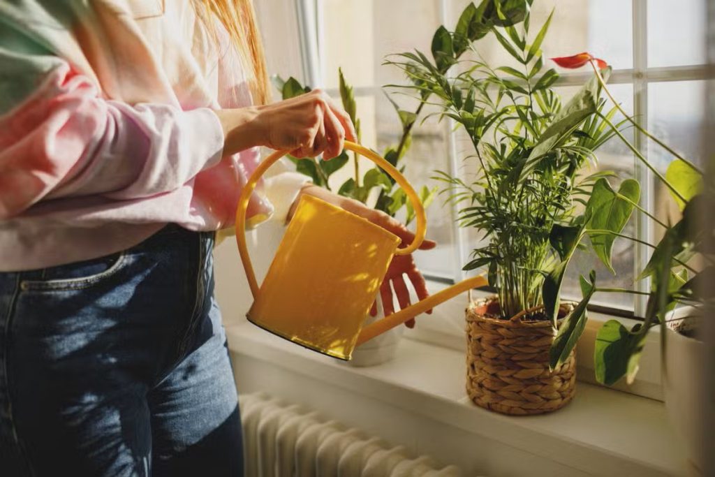 Flickan vattnar växten.