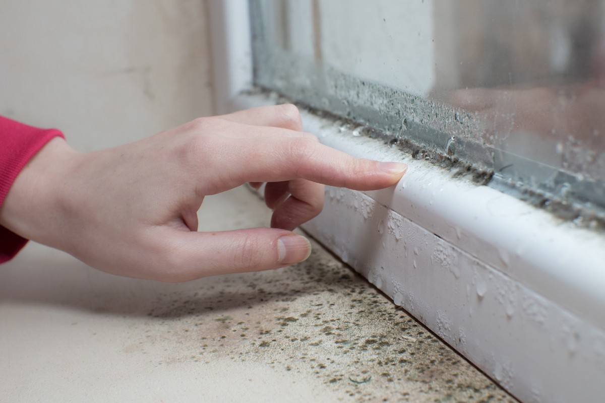 En man rör vid det kondensbelagda fönstret med fingrarna.