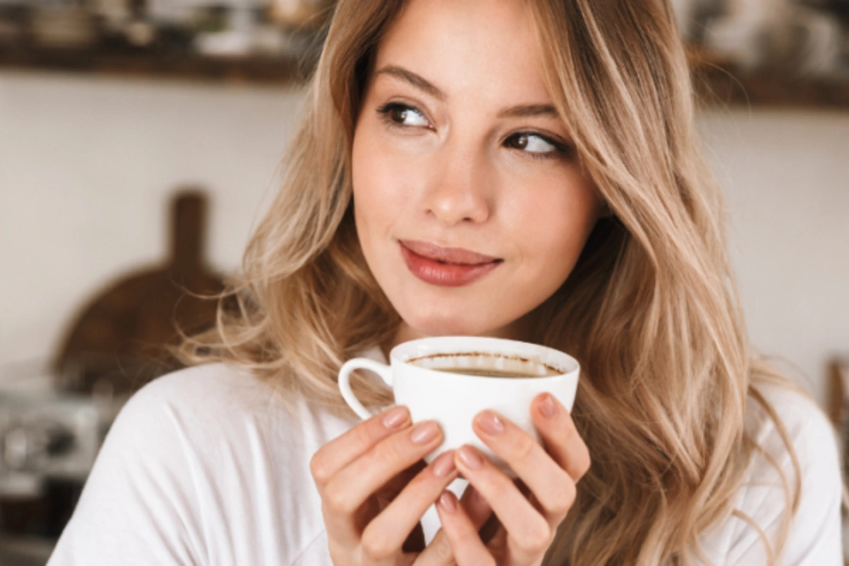 Flickan dricker kaffe.