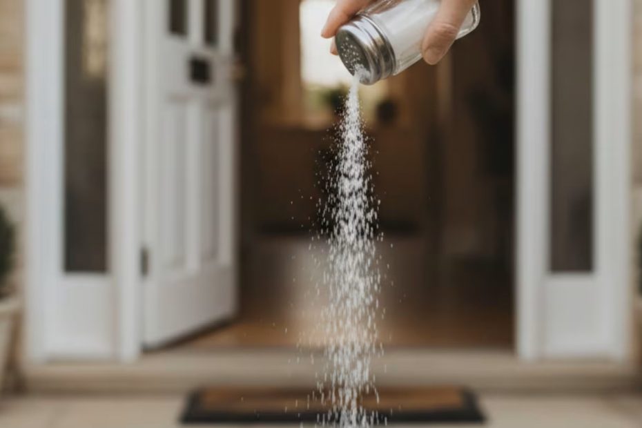 En man strör salt framför dörren till sitt hus.