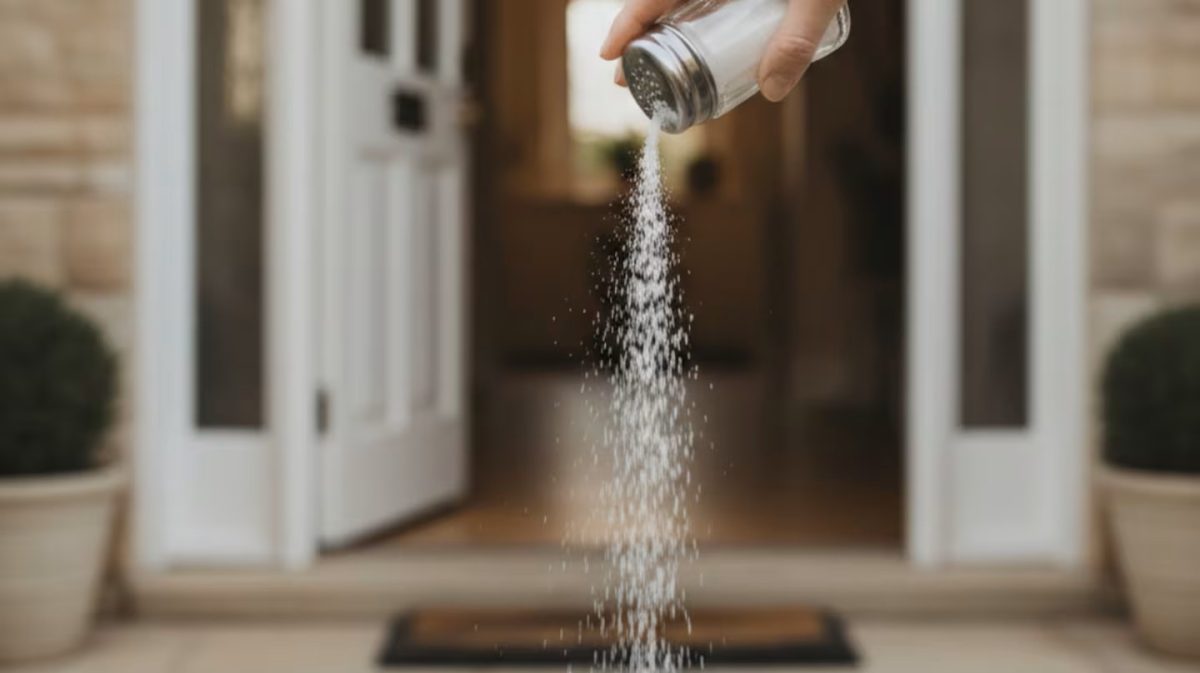 En man strör salt framför dörren till sitt hus.
