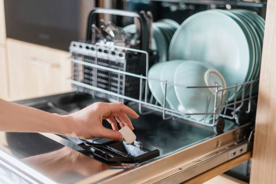 En person använder en diskmaskin.